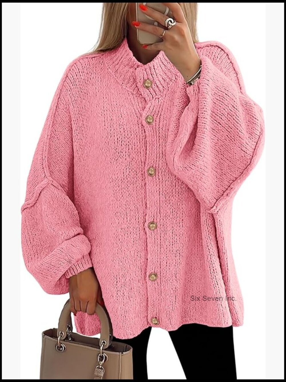 Mock Neck Lantern Sleeve Chunky Knit Button Down Cardigan Sweater